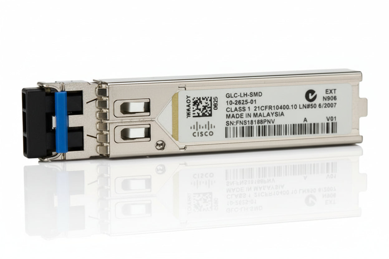 Refurbished Cisco GLC-LH-SMD SFP fiber transceiver module with LC duplex connector